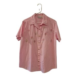 Basic Editions Floral Embroidered Button Down Shirt  Pink Striped size M